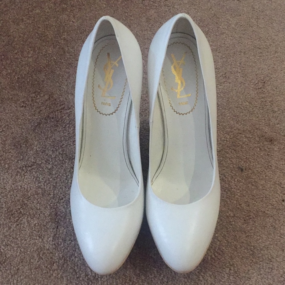 YSL Yves Saint Laurent White Leather Wooden Wedges